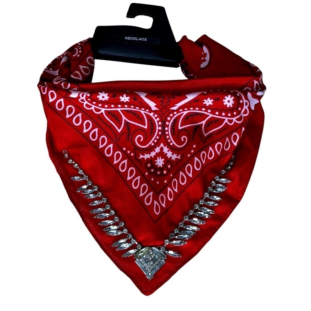 Bandanna Necklace Boho Chic with Bling Embellishments Women Red White OS NWT